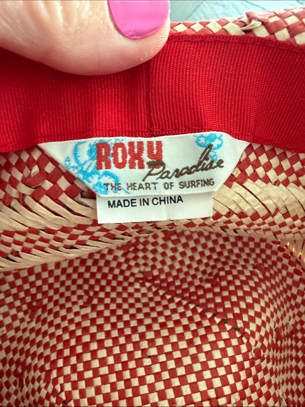 Roxy Raffia Cloche Hat Red Band Woven Floppy Sun Hat Boho Beach Style - Picture 5 of 5